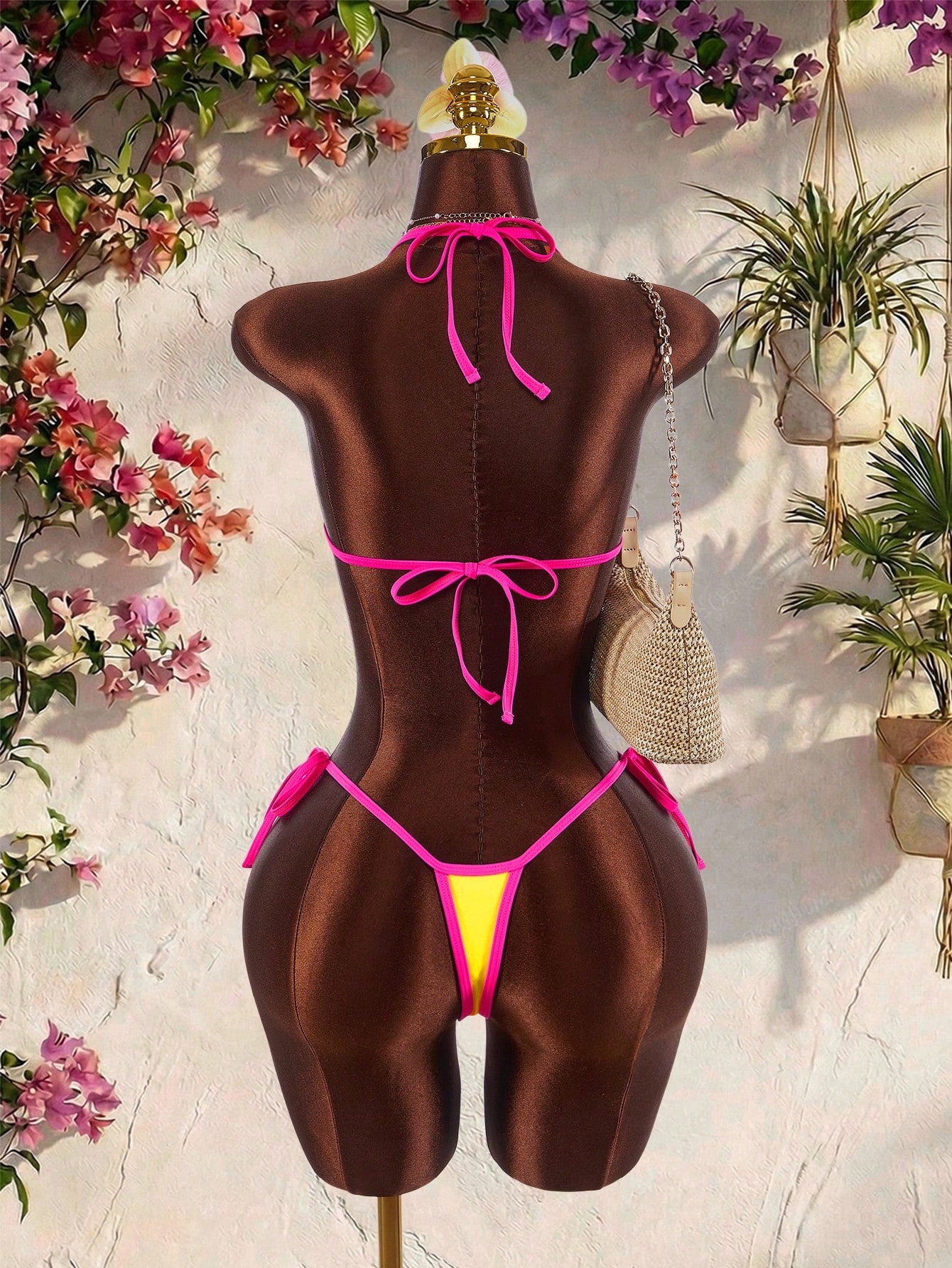 Amplova Women's Swimwear Pink And Yellow Color Block Mini Set,Tie