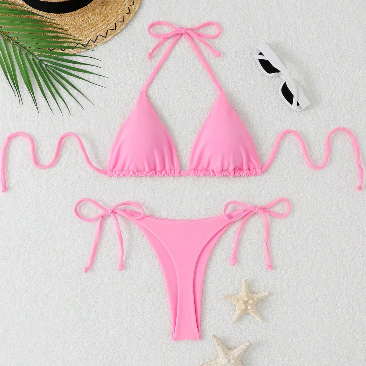 Women's Solid Color Triangle Bikini Set With Drawstring Sexy Halter Neck For Beach Vacation Summer Pink - image 9