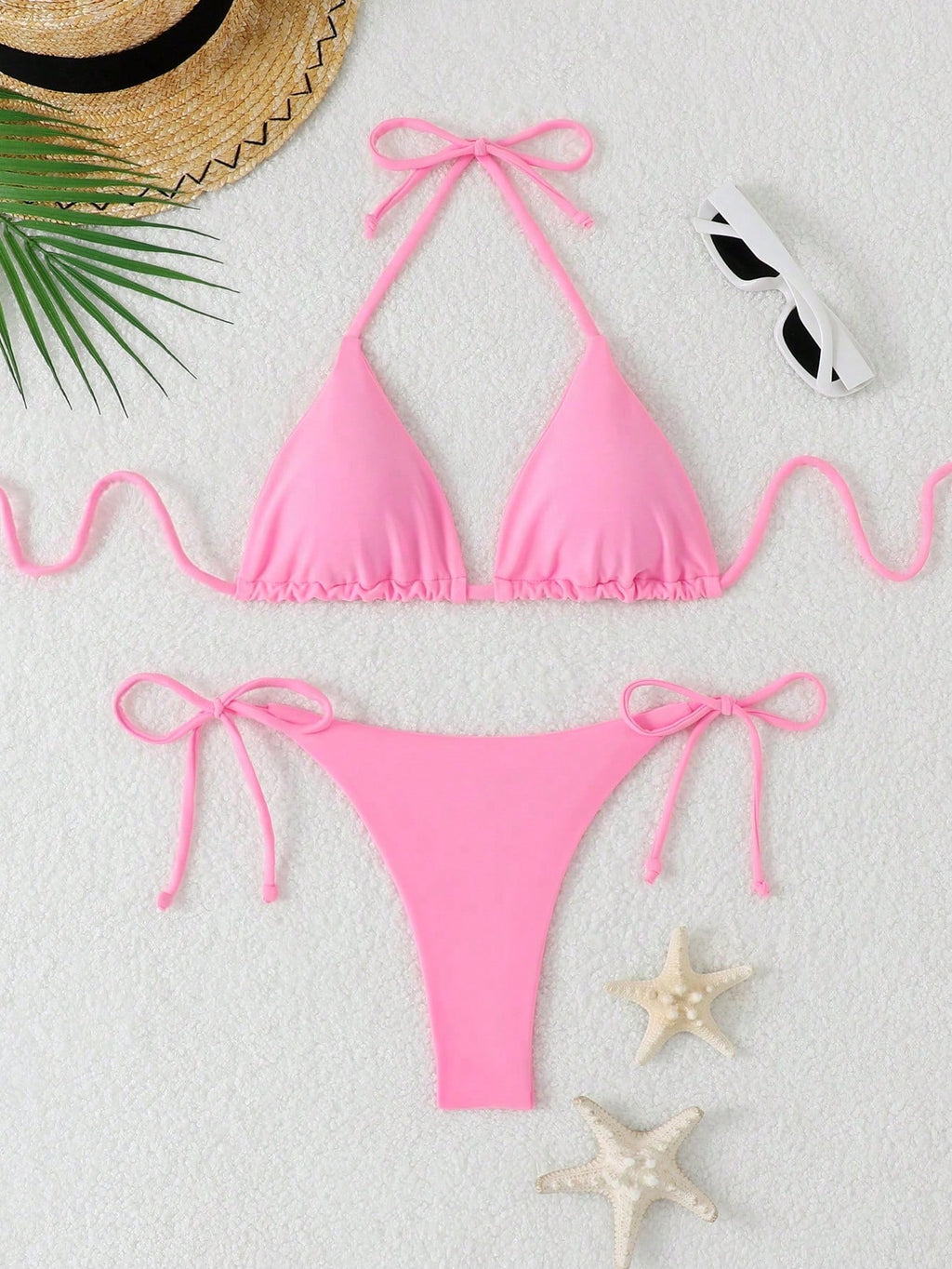 Women's Solid Color Triangle Bikini Set With Drawstring Sexy Halter Neck For Beach Vacation Summer Pink - image 8