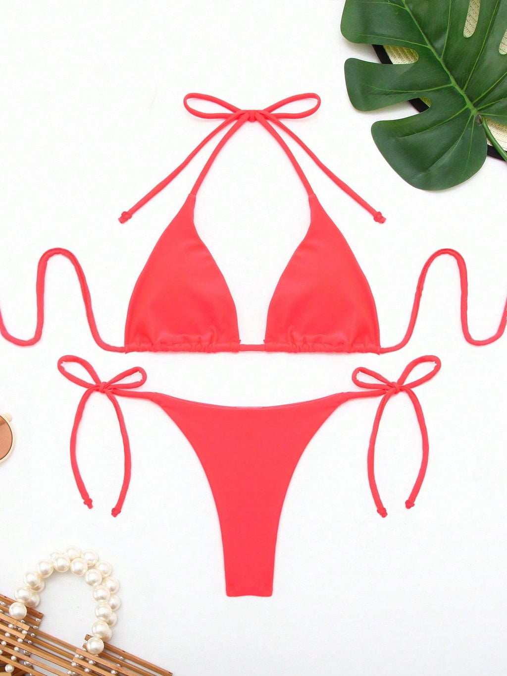 Women's Solid Color Triangle Bikini Set With Drawstring Sexy Halter Neck For Beach Vacation Summer Pink - image 18