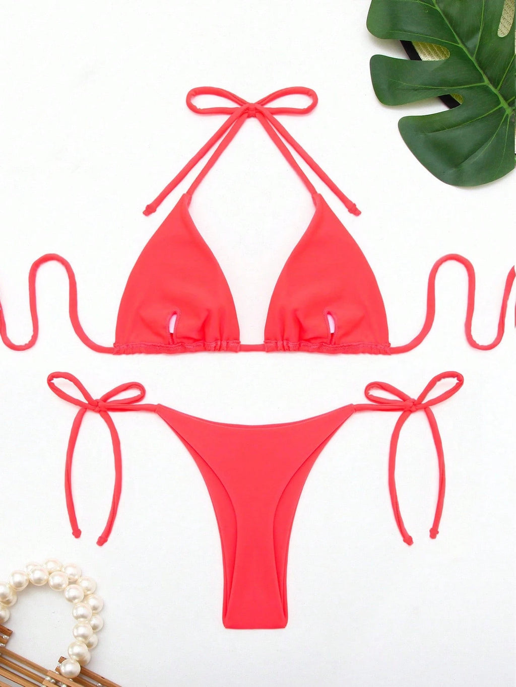 Women's Solid Color Triangle Bikini Set With Drawstring Sexy Halter Neck For Beach Vacation Summer Pink - image 19