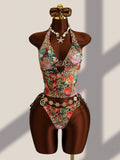Zestiva 2pcs Women's Summer Beach Vacation Random Print Metal Decor Tie Side Triangle Tankini Set