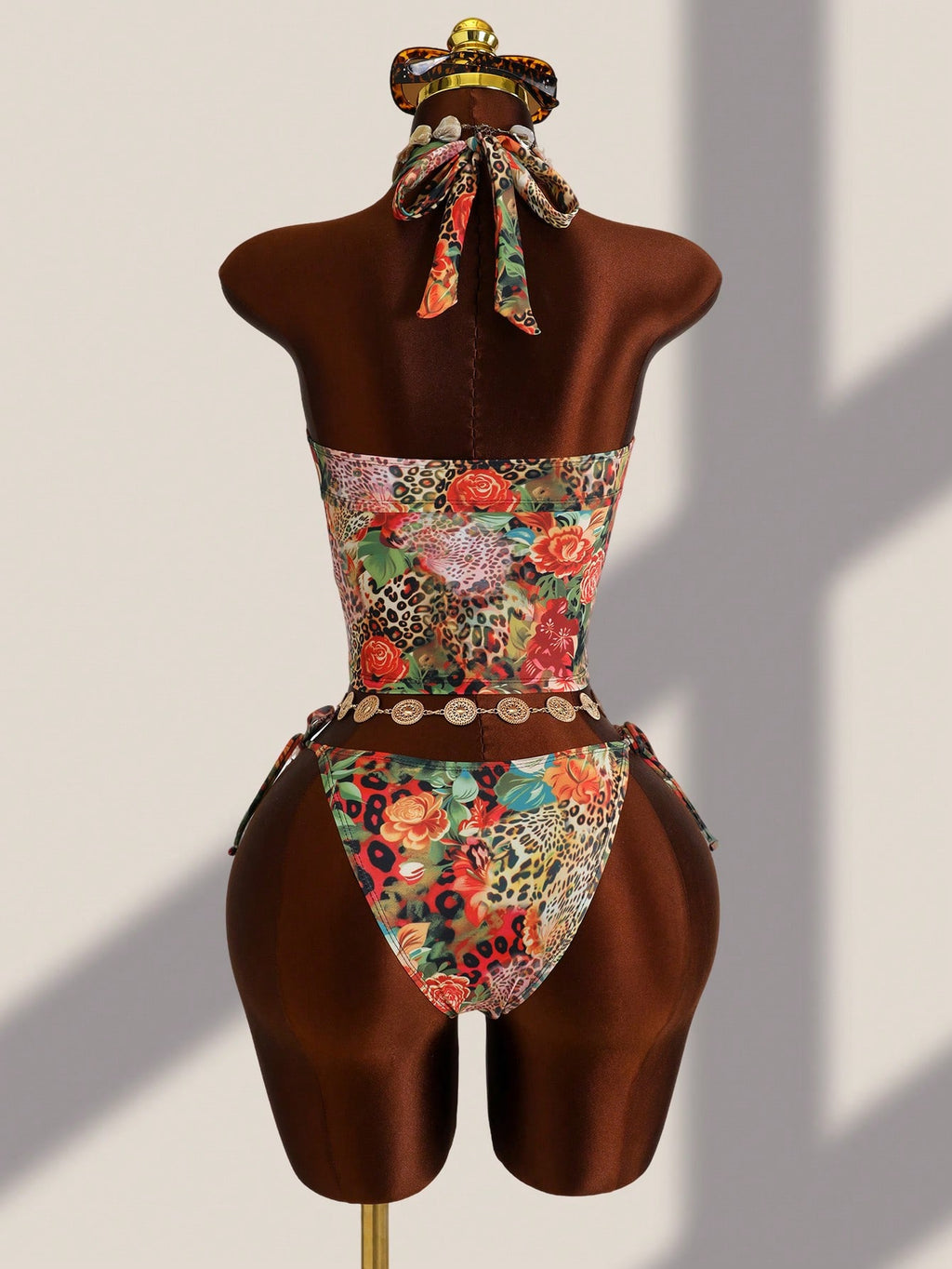 Zestiva 2pcs Women's Summer Beach Vacation Random Print Metal Decor Tie Side Triangle Tankini Set - image 2