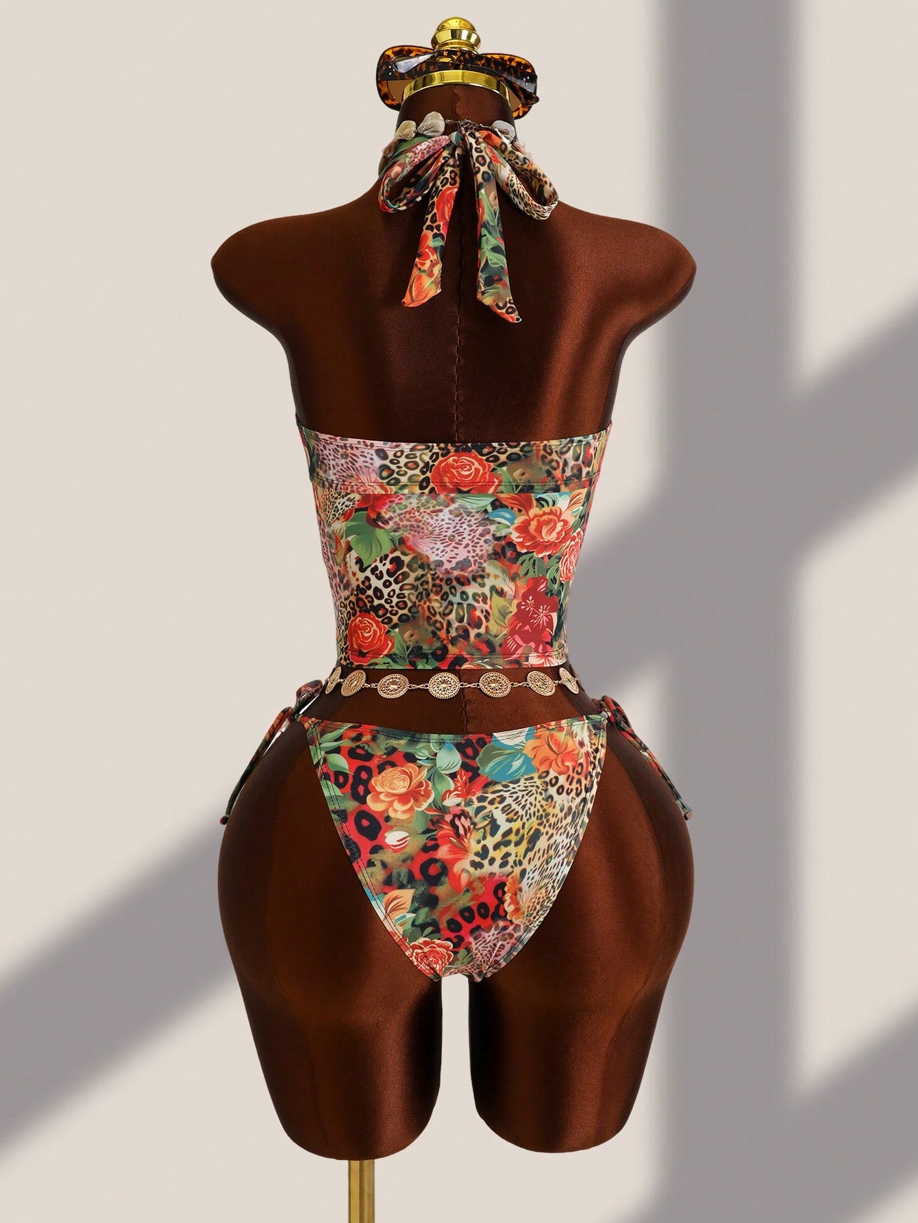Zestiva 2pcs Women's Summer Beach Vacation Random Print Metal Decor Tie Side Triangle Tankini Set - image 2