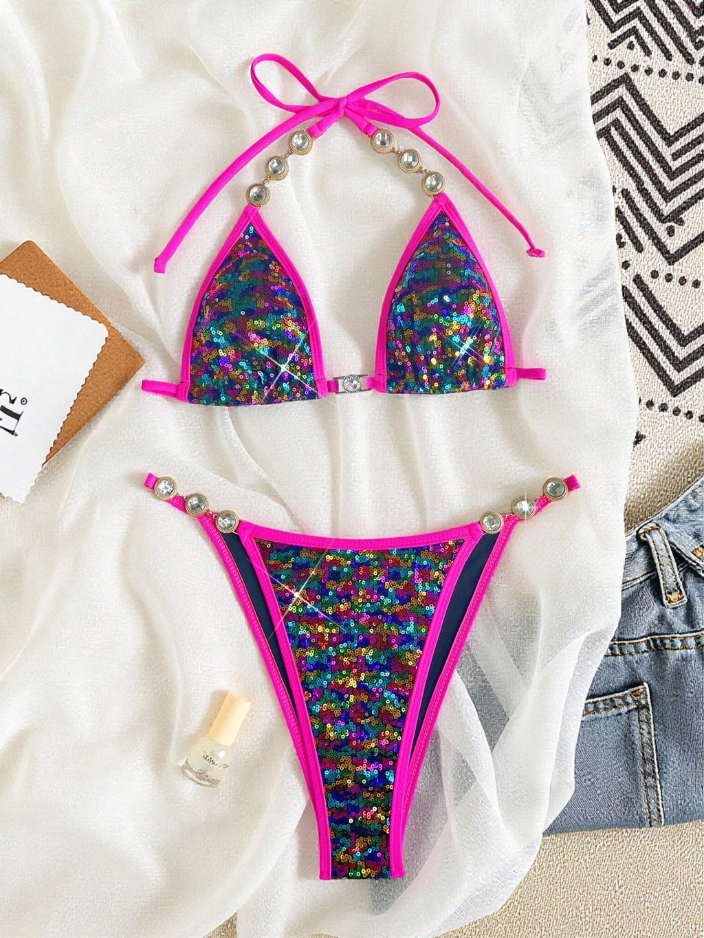 Swim SXY Women's Sexy Backless Sequin Reflective Bikini Swimwear, Suitable For B