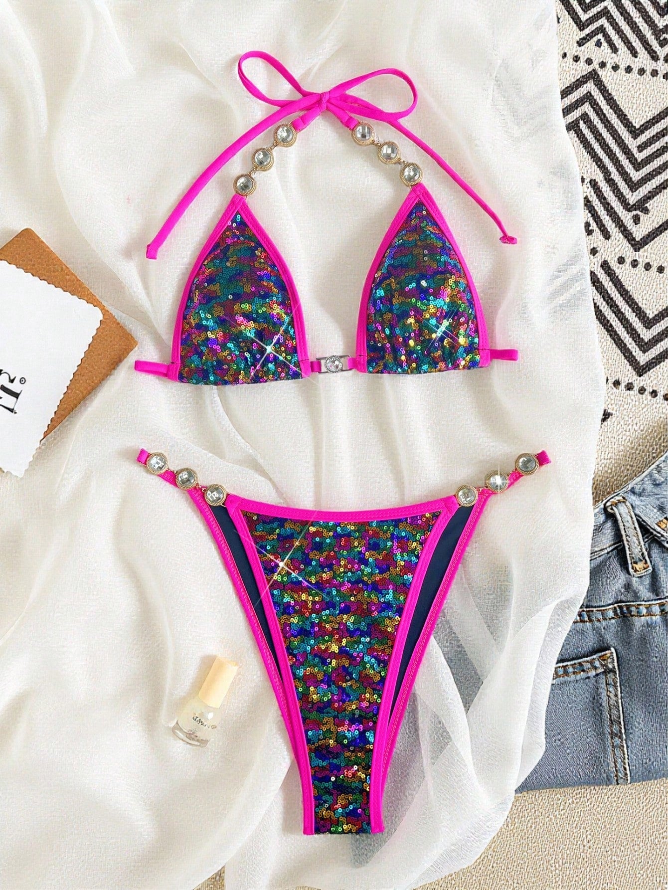Swim SXY Women's Sexy Backless Sequin Reflective Bikini Swimwear, Suitable For Beach, Spring/Summer - image 5