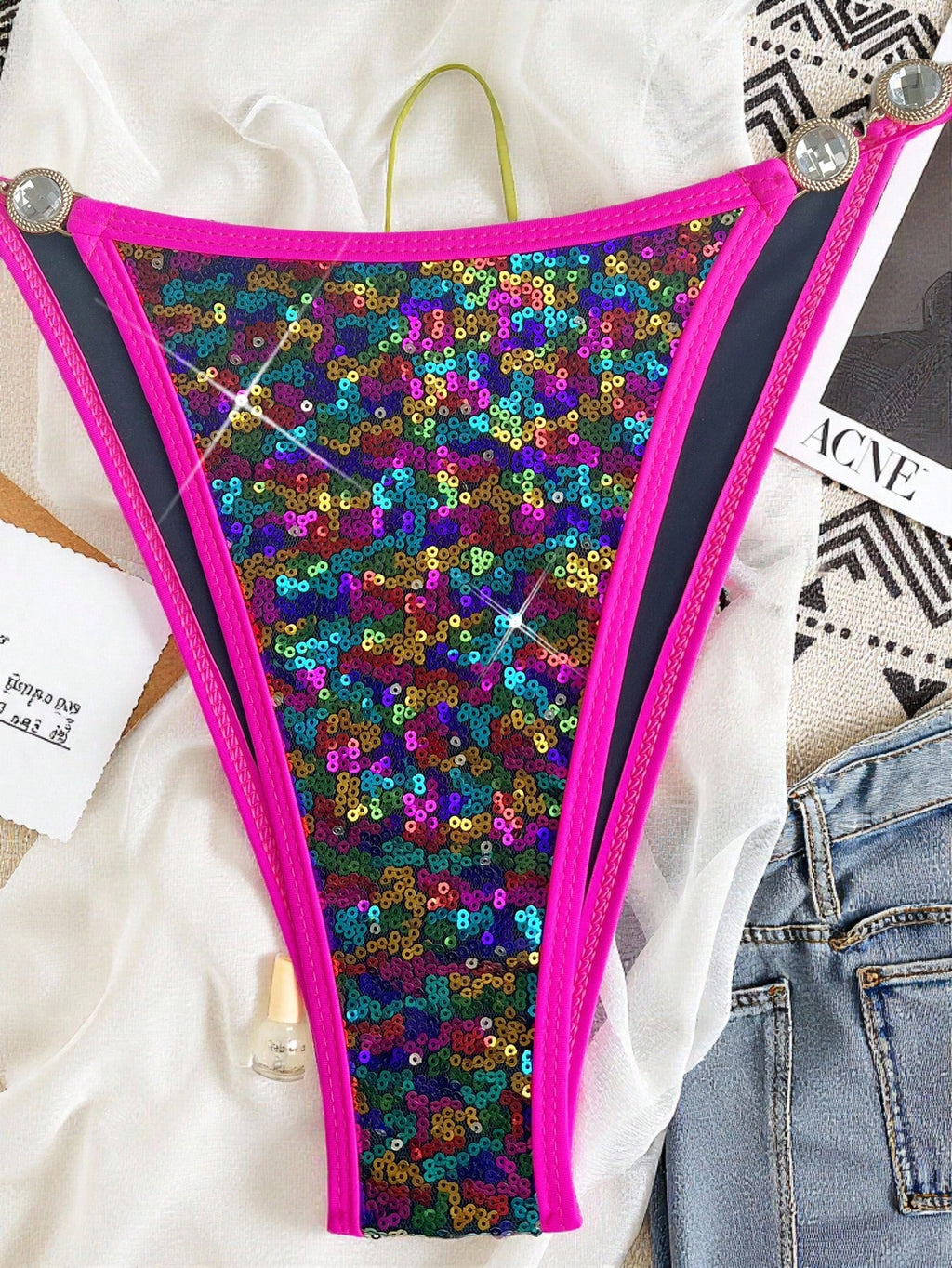 Swim SXY Women's Sexy Backless Sequin Reflective Bikini Swimwear, Suitable For B