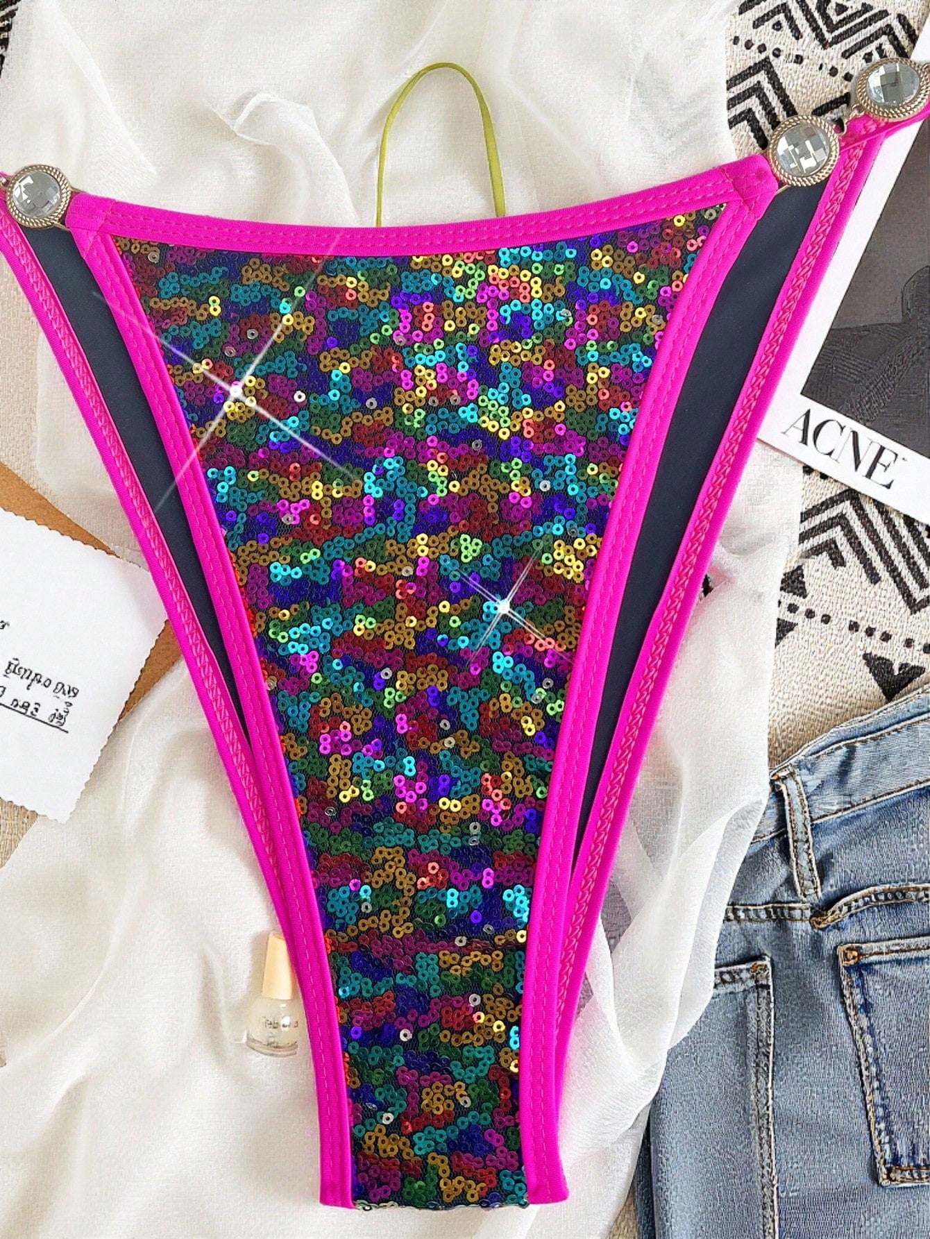 Swim SXY Women's Sexy Backless Sequin Reflective Bikini Swimwear, Suitable For B