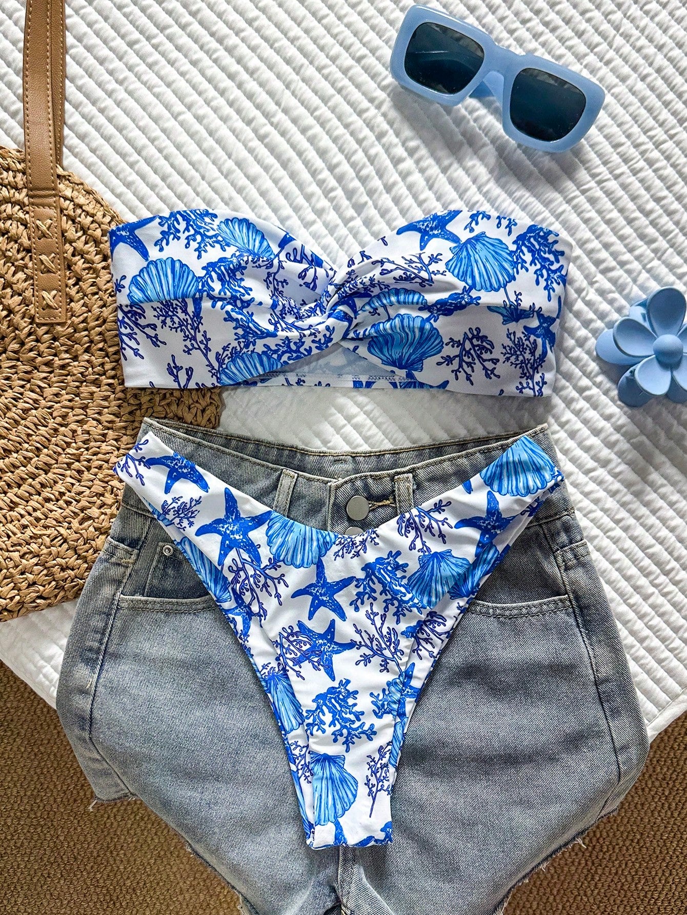 Swim Mod Multicolor Sleeveless Textured Pattern Bandeau Bikini Set