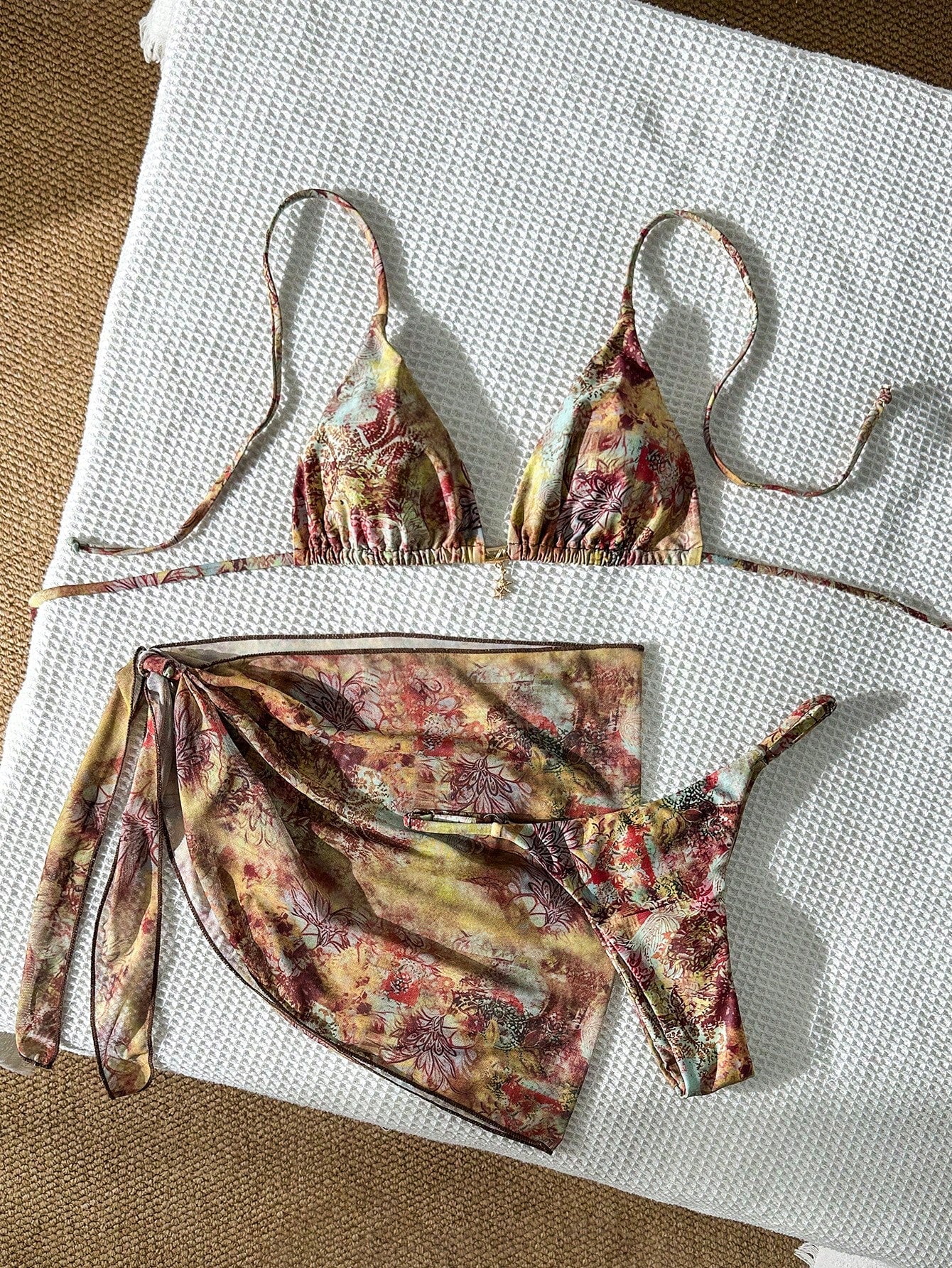 Swim Vcay Women's Multicolor Halter Graphic Tie Back Thong Bikini Set