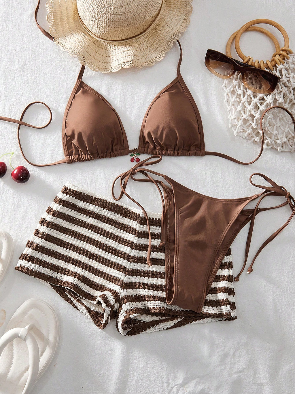 Women's 3-Piece Beach Bikini Set, Fashion Sexy Solid Color Metal