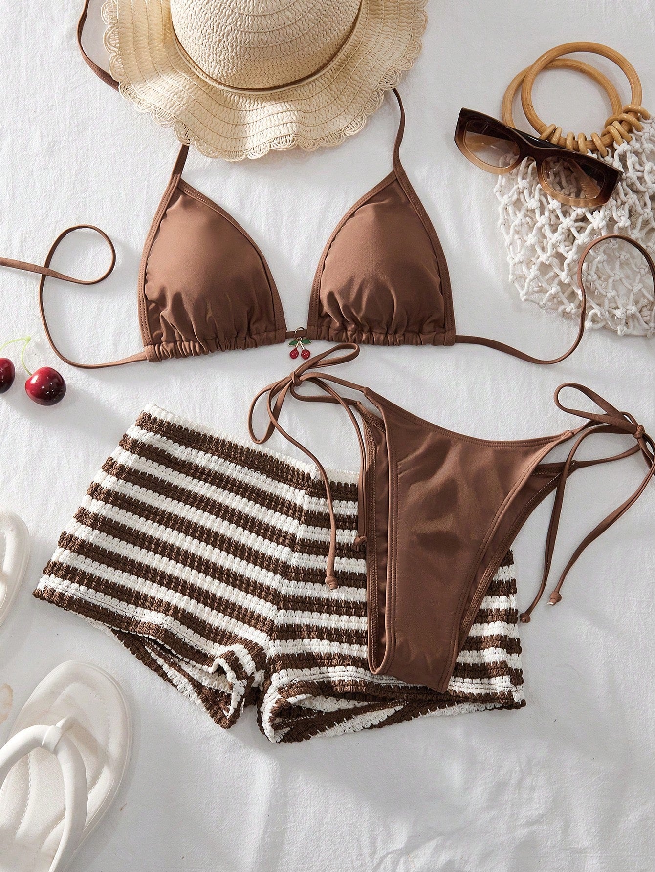 Women's 3-Piece Beach Bikini Set, Fashion Sexy Solid Color Metal