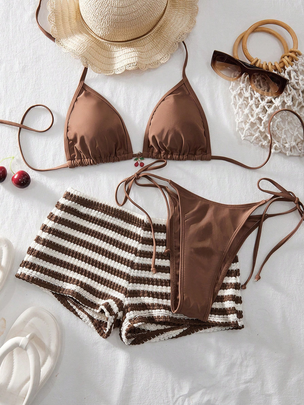 Women's 3-Piece Beach Bikini Set, Fashion Sexy Solid Color Metal Fruit Decor Halter Backless Bikini Top With - image 9