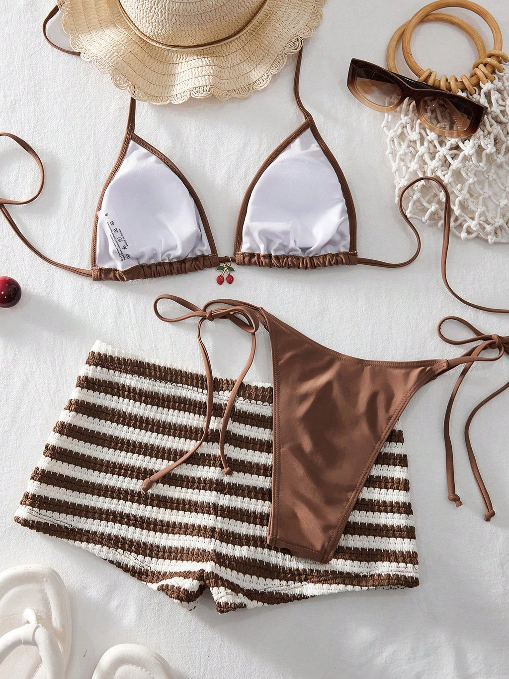 Women's 3-Piece Beach Bikini Set, Fashion Sexy Solid Color Metal