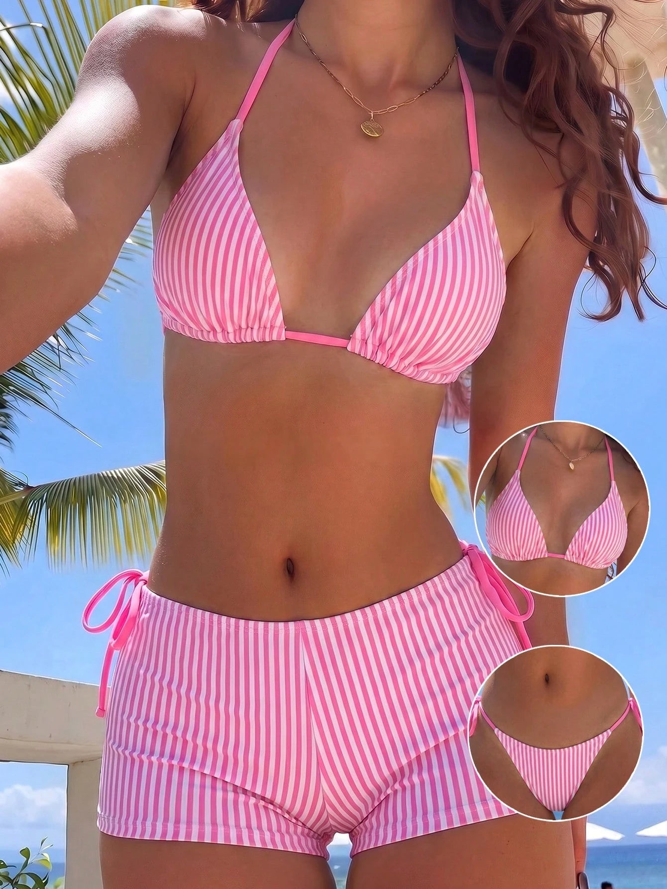 Swim Mod Women's 3-Piece Striped Print Halter Bikini Set With Briefs,