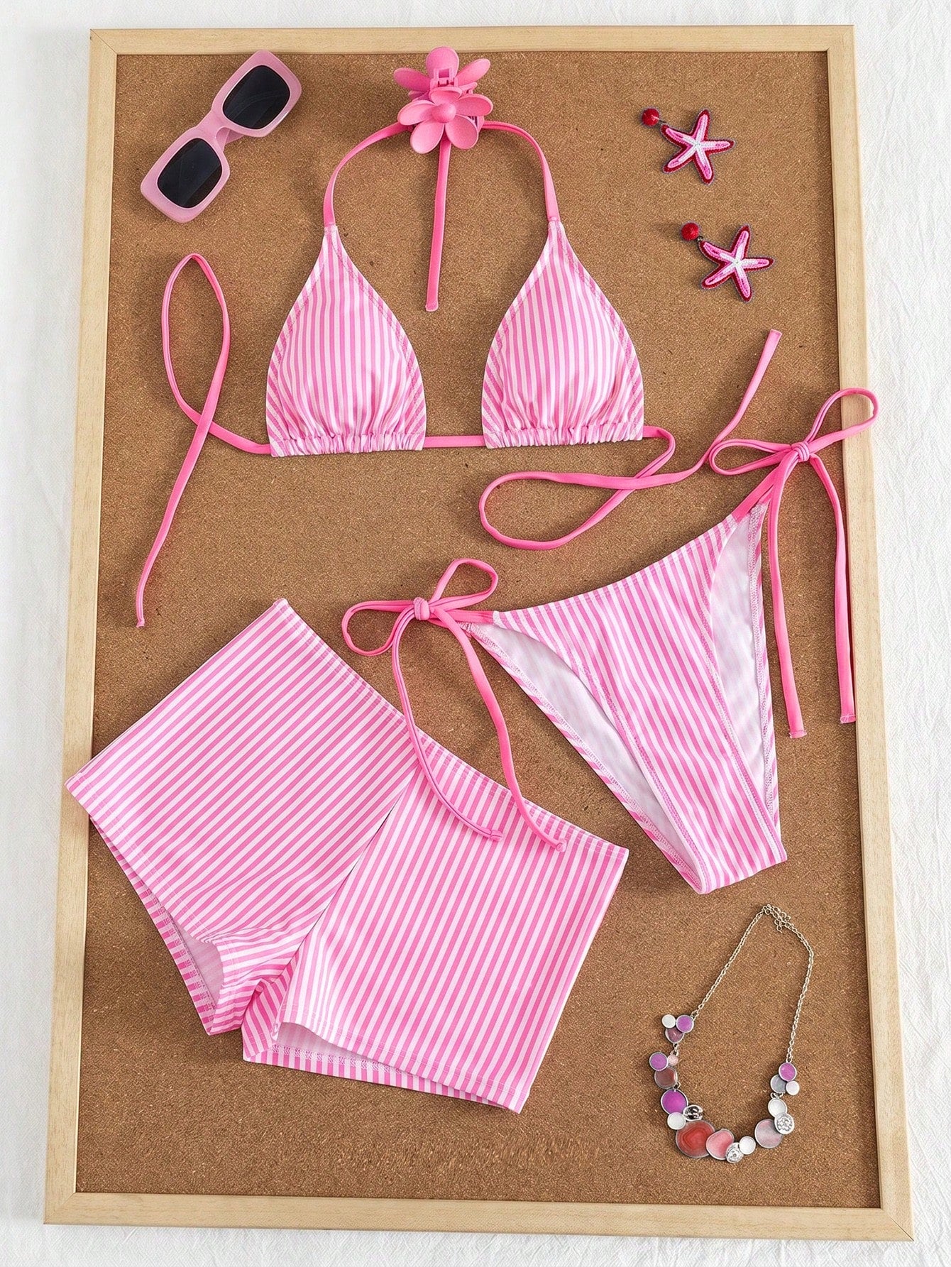 Swim Mod Women's 3-Piece Striped Print Halter Bikini Set With Briefs,