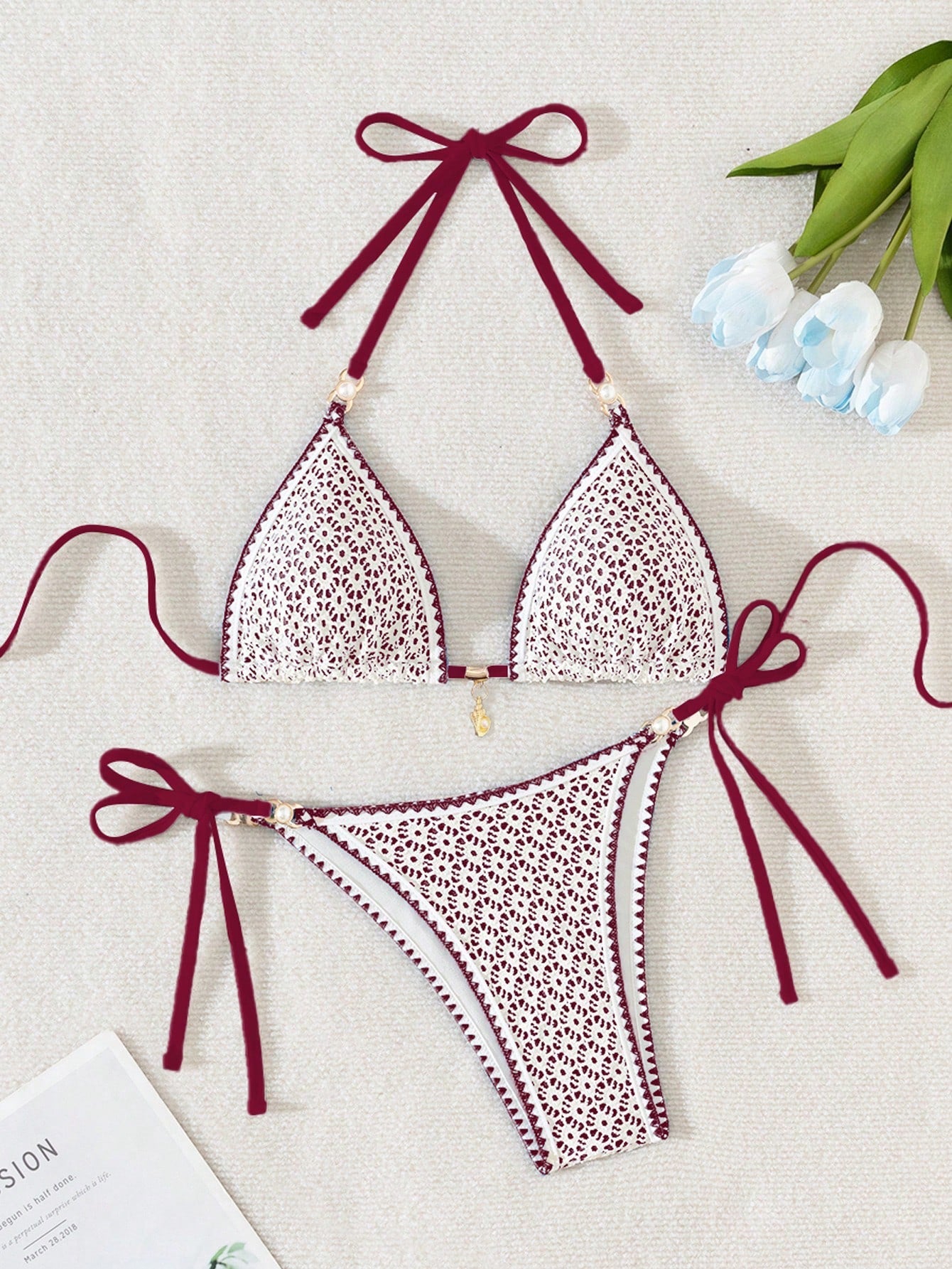 Swim Vcay Women's Hollow Out Blue Shell & Pearl Decor Sexy Bikini