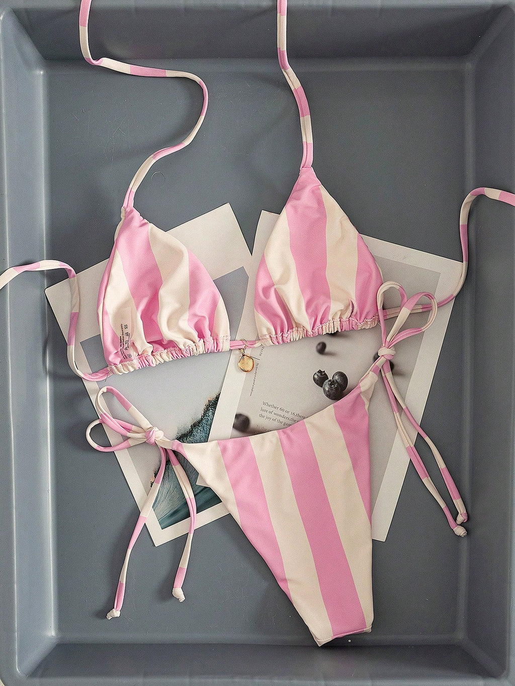 Swim Mod Multicolor Plant Pattern Fabric Halter Bikini Set Boho Style
