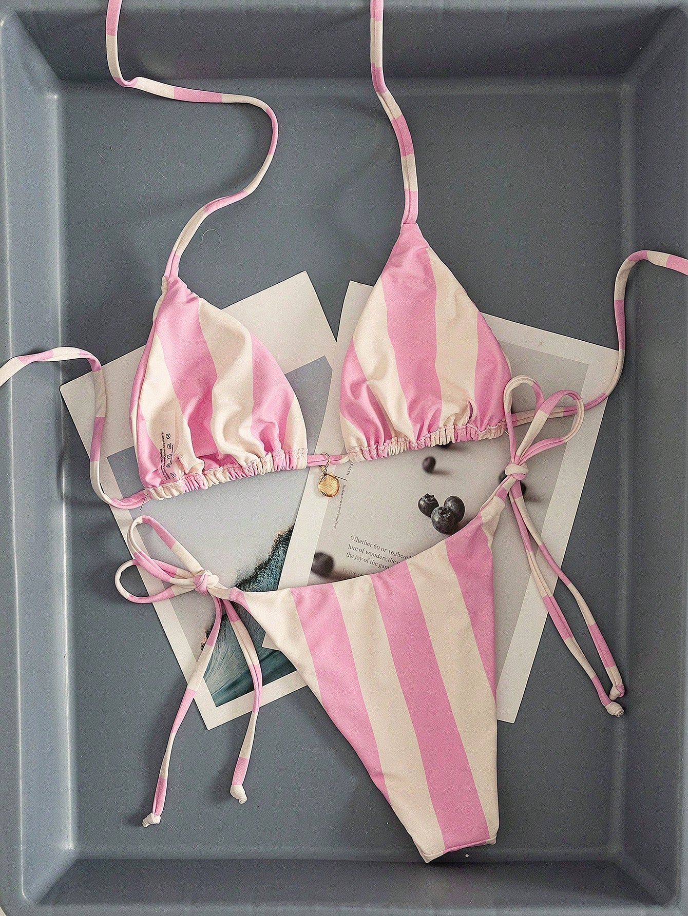 Swim Mod Multicolor Plant Pattern Fabric Halter Bikini Set Boho Style