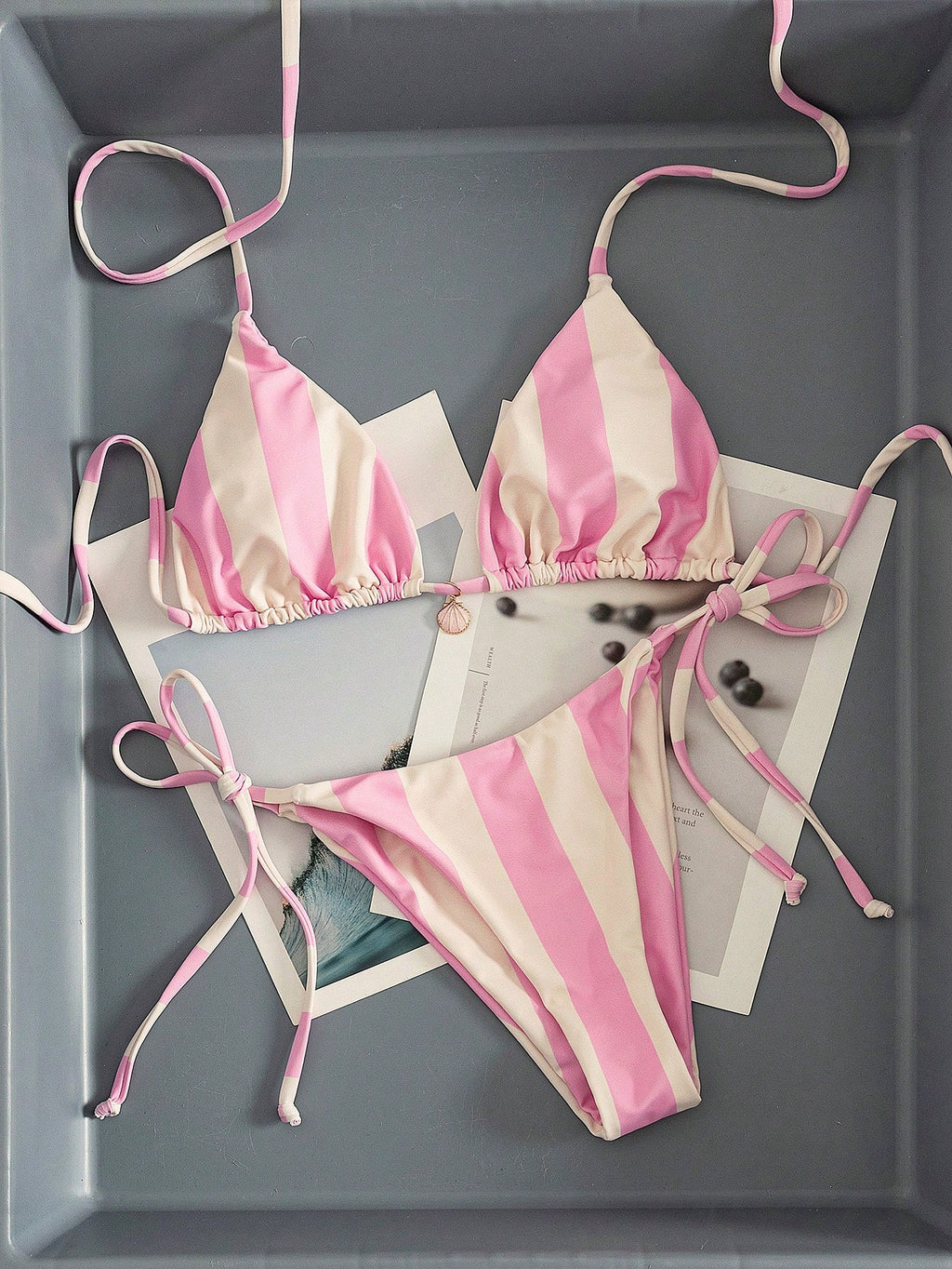Swim Mod Multicolor Plant Pattern Fabric Halter Bikini Set Boho Style