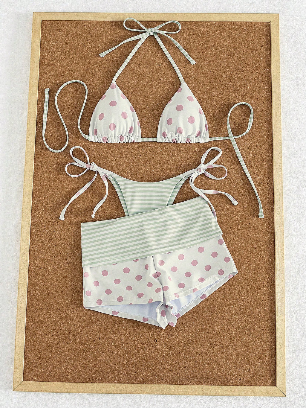 3pcs Women's Swimwear Set For Spring & Summer, Polka Dot & Striped