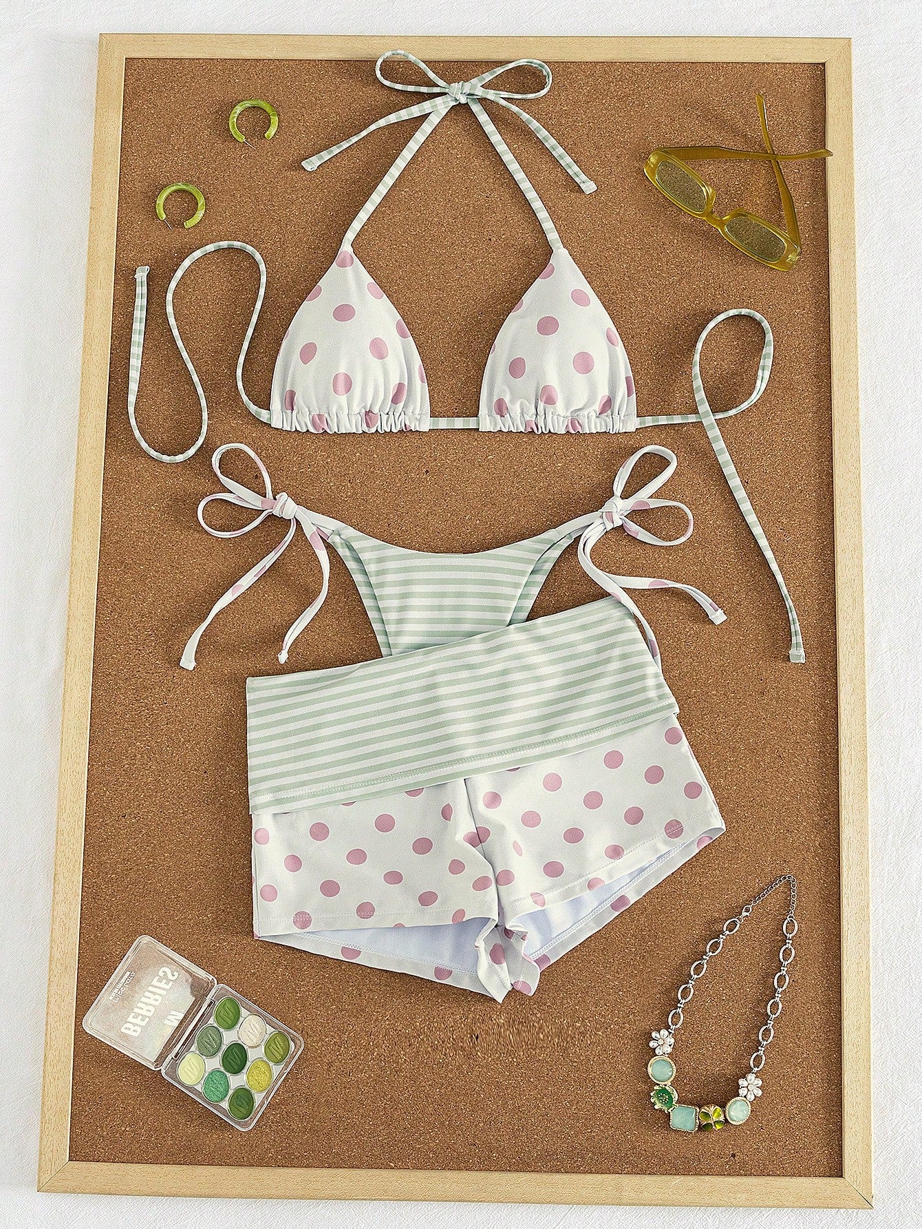 3pcs Women's Swimwear Set For Spring & Summer, Polka Dot & Striped