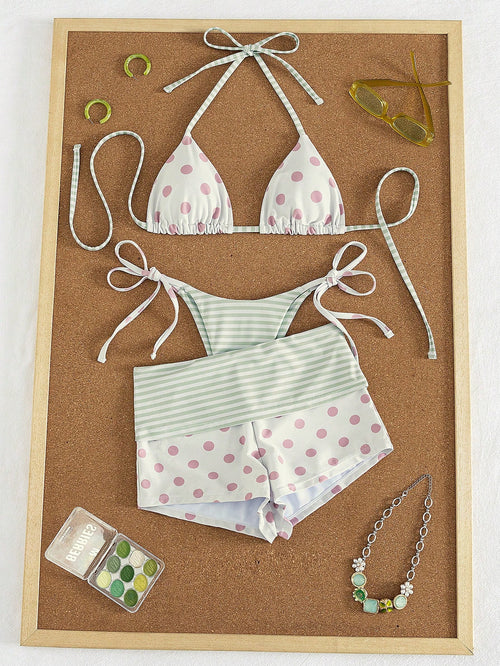 3pcs Women's Swimwear Set For Spring & Summer, Polka Dot & Striped