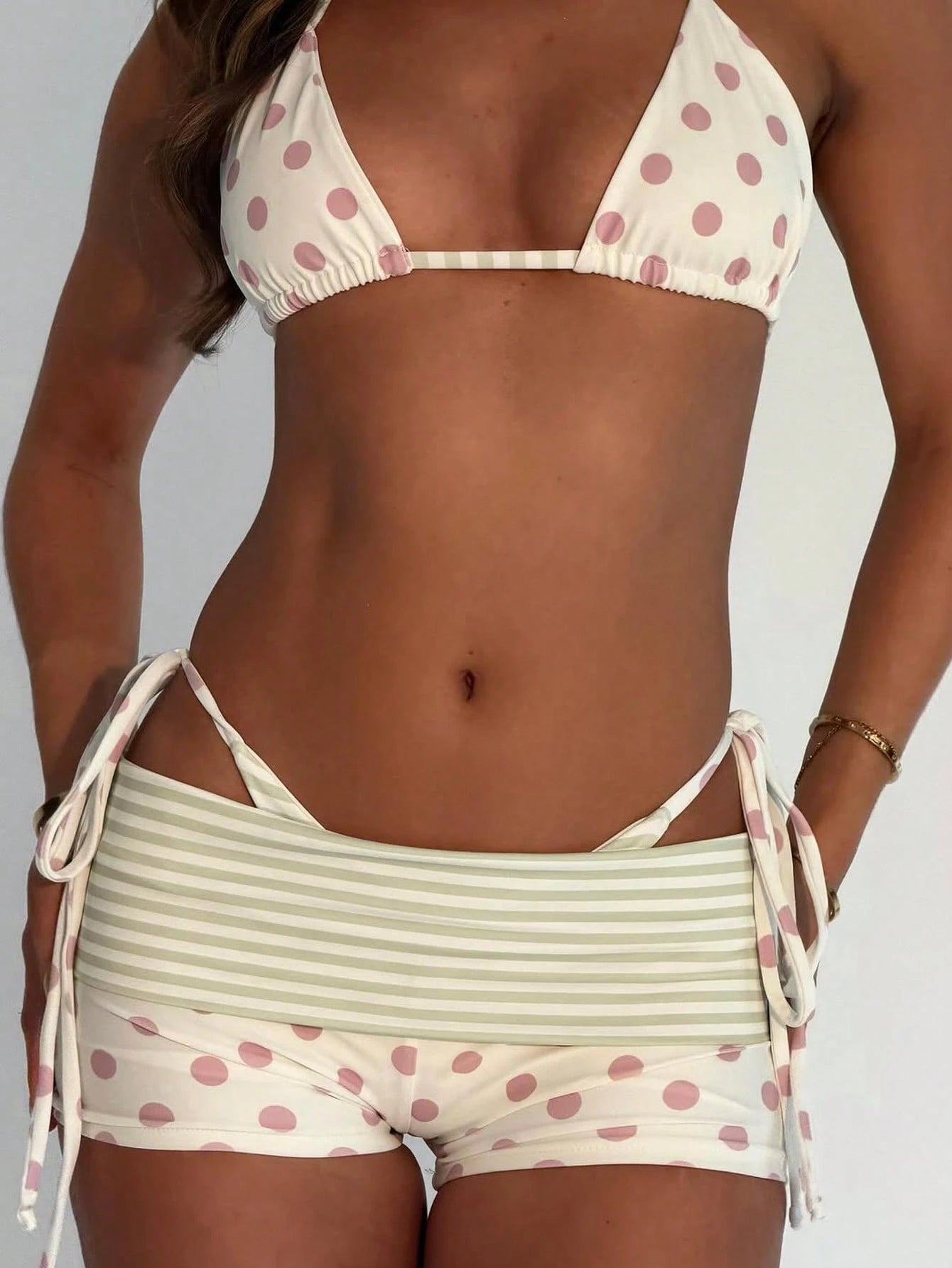 3pcs Women's Swimwear Set For Spring & Summer, Polka Dot & Striped