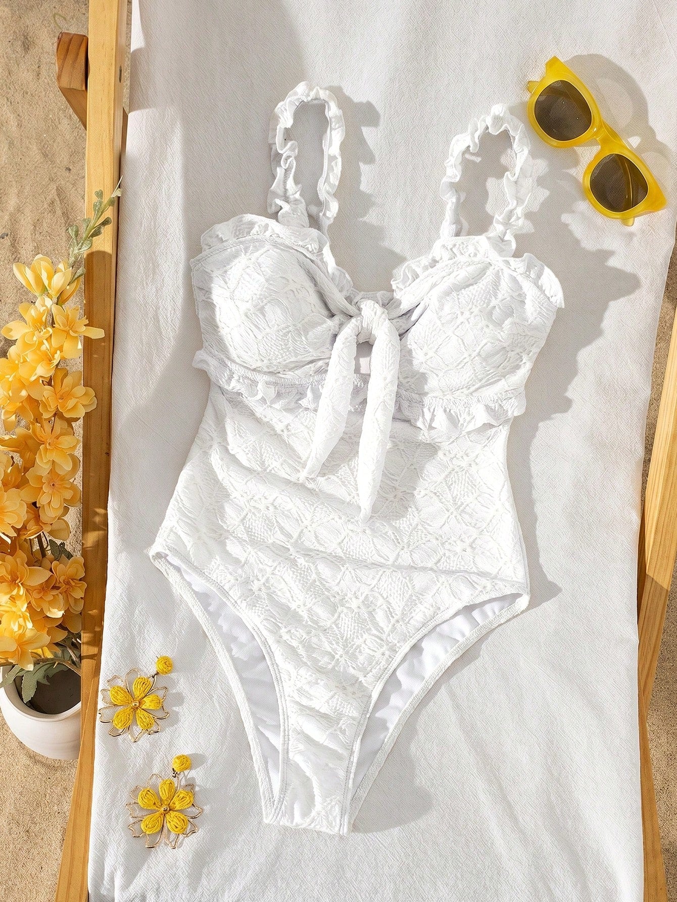 Swim Mod Women's Latest Fashion Beach Wear For Spring/Summer, Hollow-Out Textured Floral Print Light Yellow - image 5
