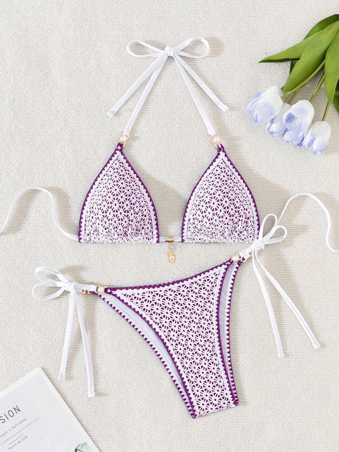Swim Vcay Women's Hollow Out Blue Shell & Pearl Decor Sexy Bikini