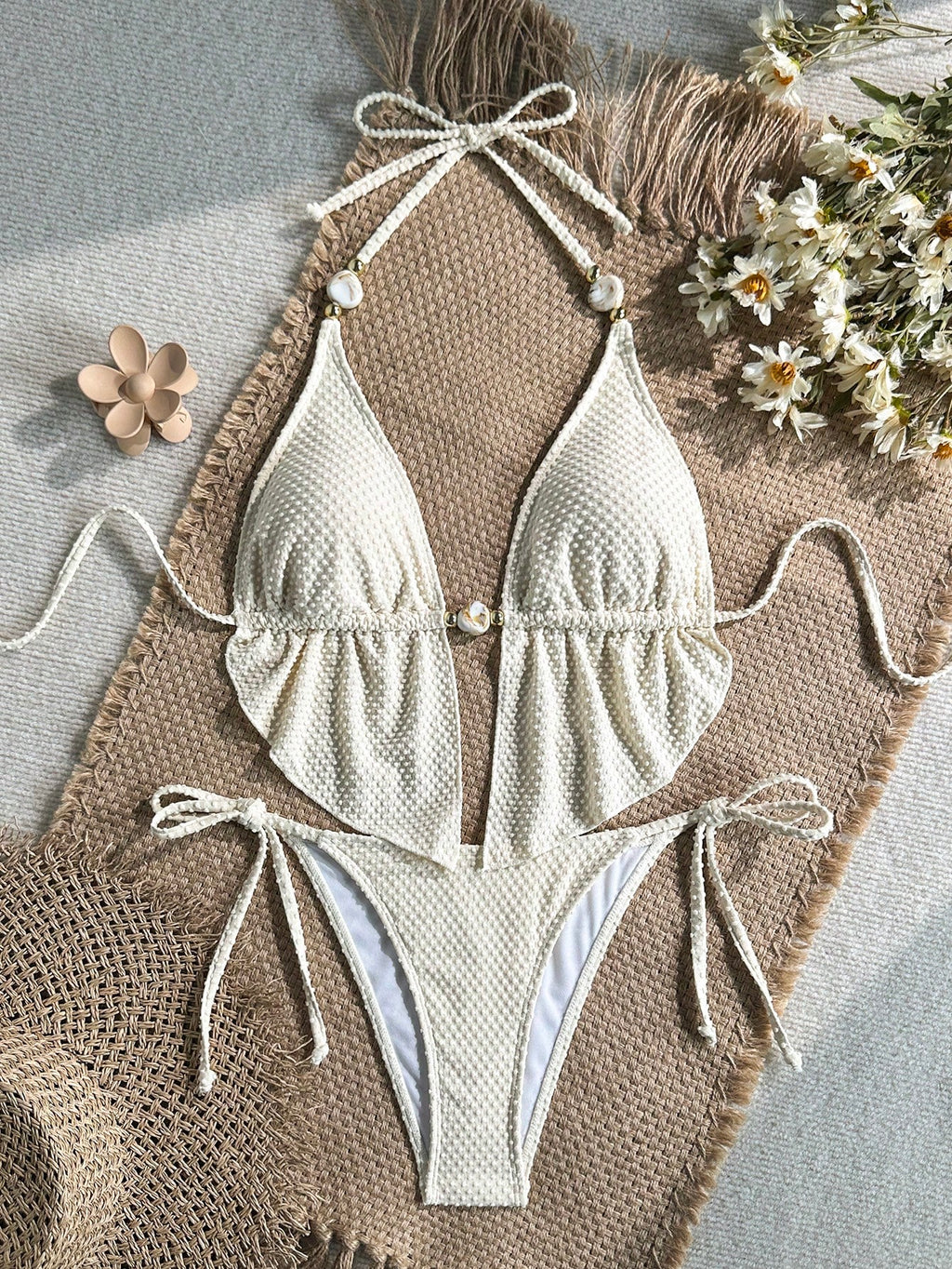 Swim SXY Women's Spring/Summer Jacquard Fabric Halter Beaded Bikini Set - image 2
