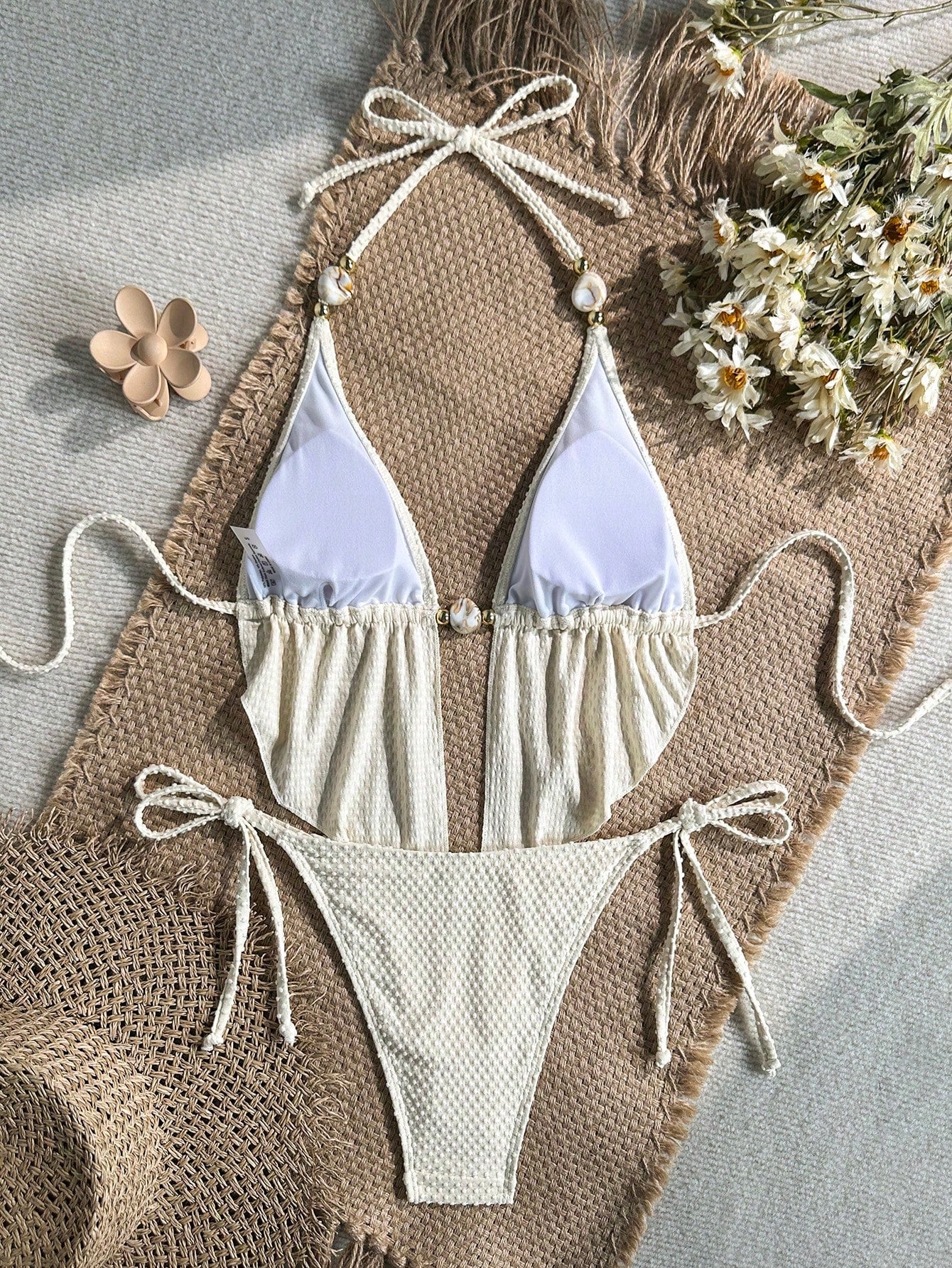 Swim SXY Women's Spring/Summer Jacquard Fabric Halter Beaded Bikini Set - image 4