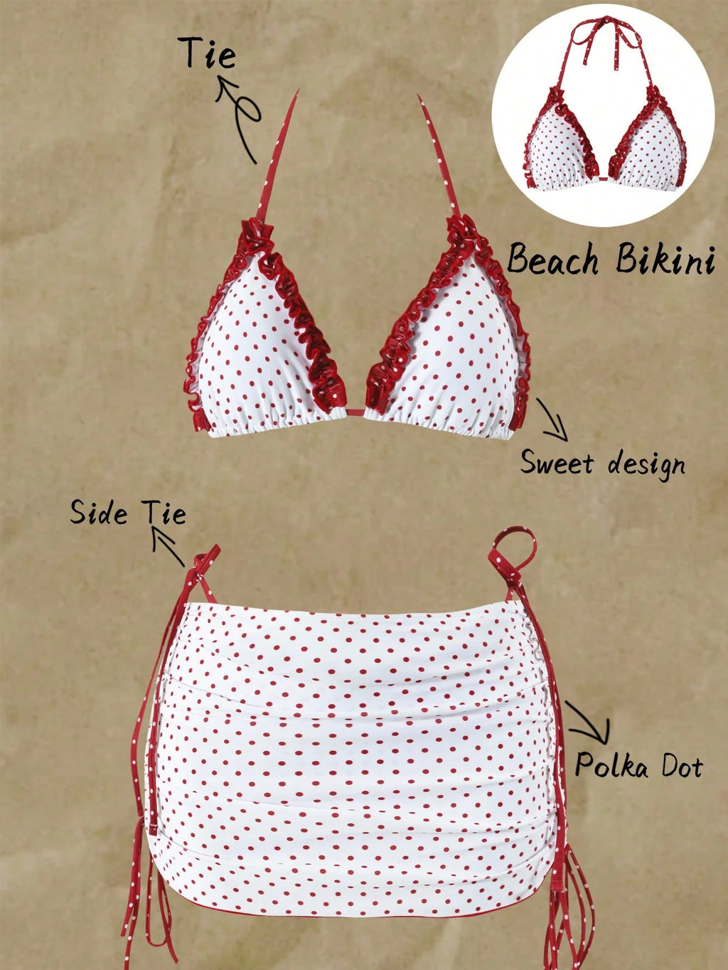 Swim Mod Women's 3-Piece Bikini Set With Drawstring Skirt,Red And