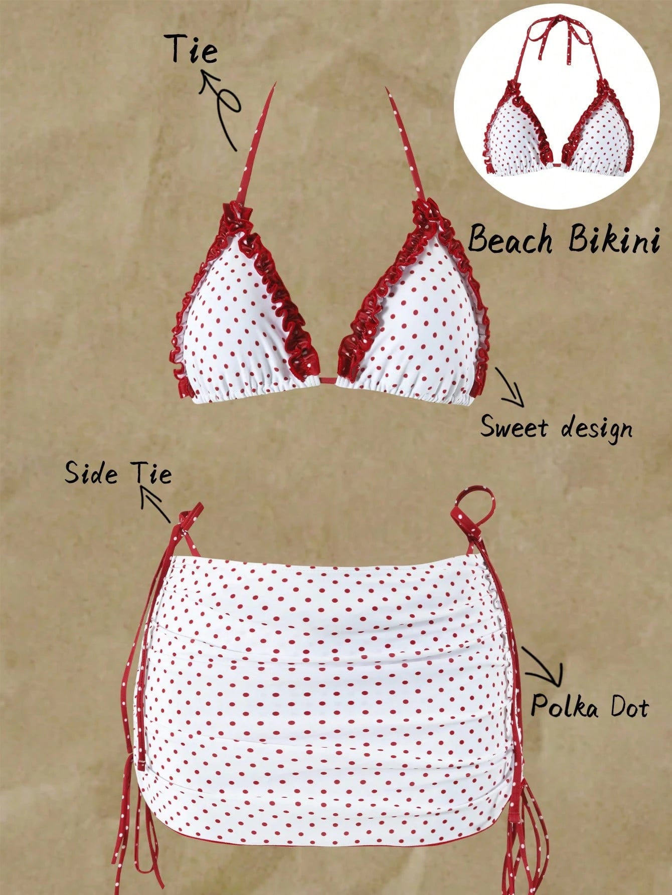 Swim Mod Women's 3-Piece Bikini Set With Drawstring Skirt,Red And