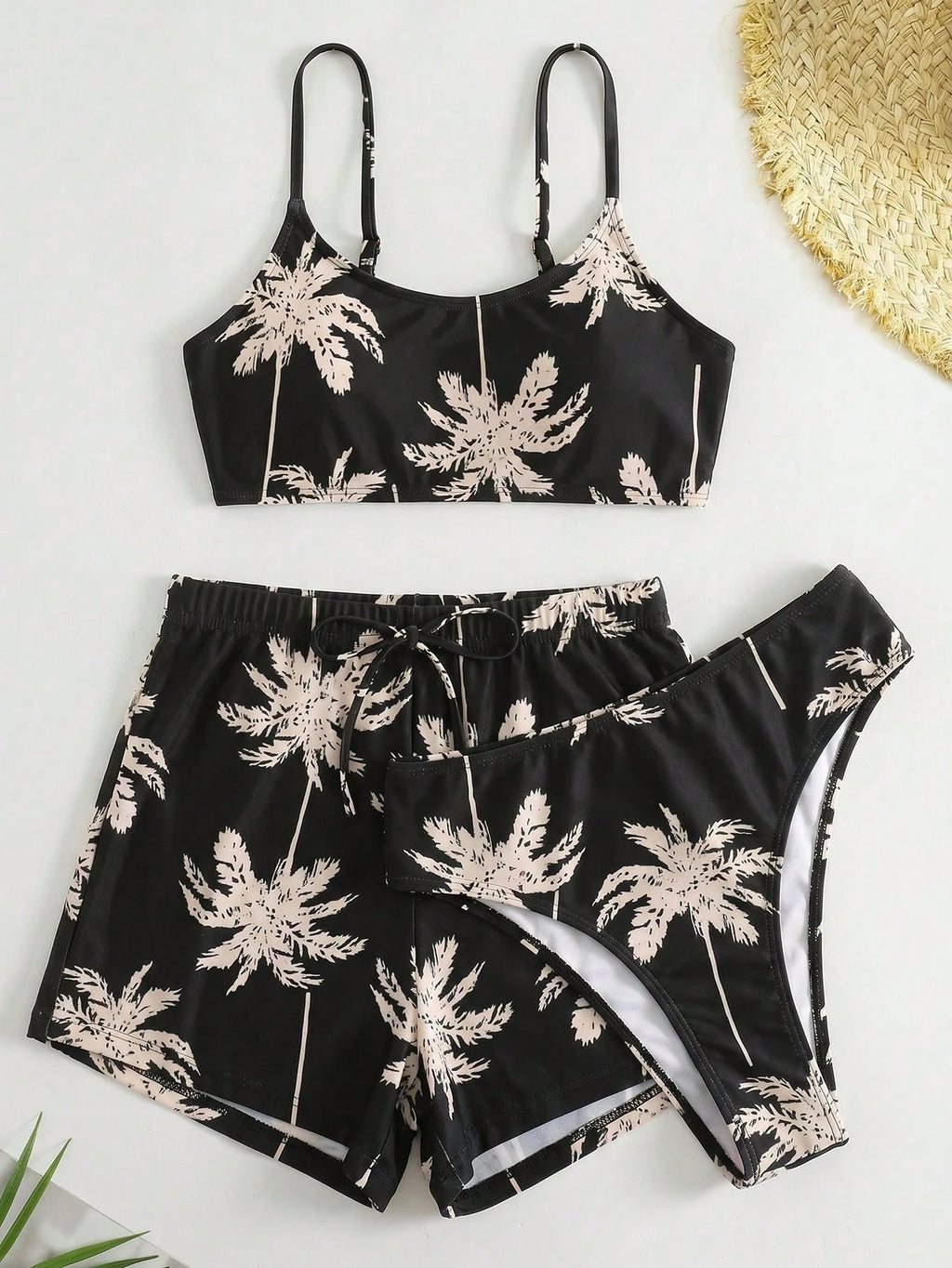 Swim Lushoire Women's Summer Beach Palm Tree Print Bikini Set With Shorts, Rando