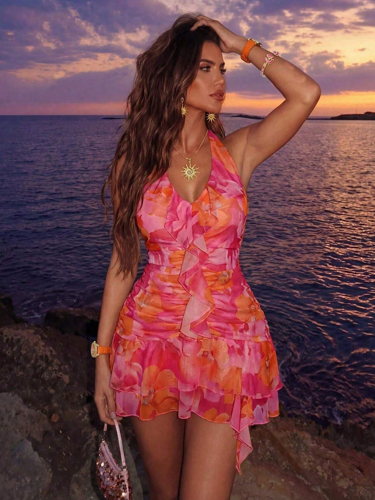 Allurite Women's Elegant Breezy Sexy Short Dress, V-Neck For Summer Beach Vacation Vacation Pink Floral - image 6