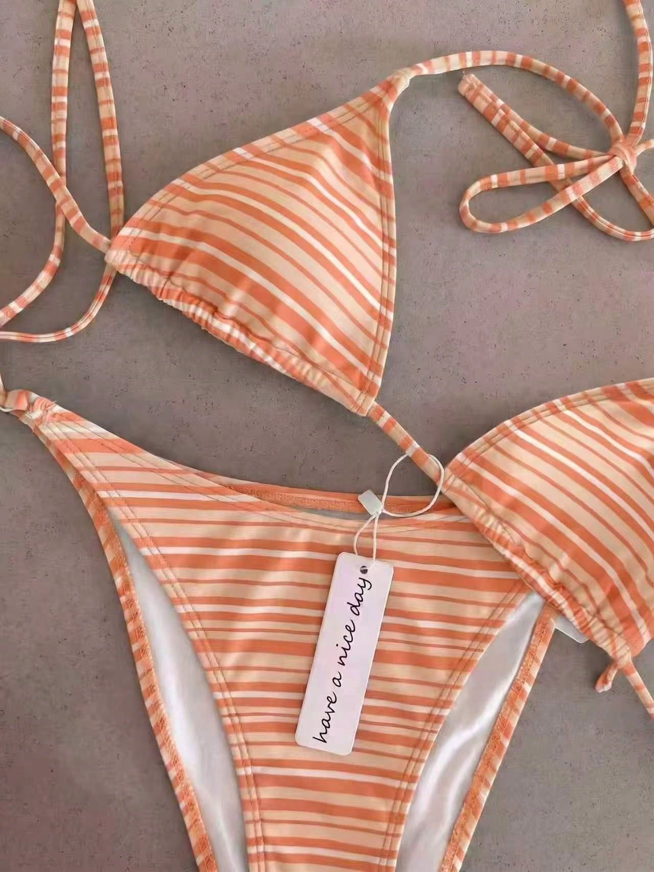 Vintage Orange Striped Halter Neck Swimsuit Set, Sexy Push-Up High