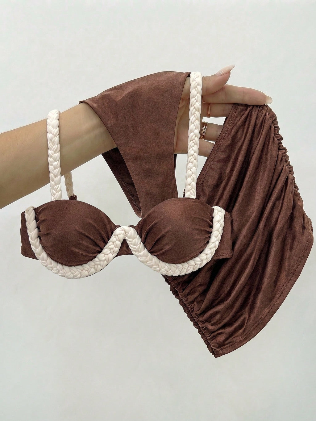 Bikinx 3pcs Elegant Bikini Set, With Woven Strap Back And Ruffle High