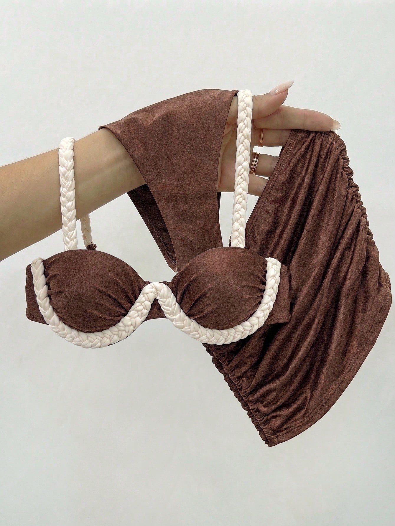Bikinx 3pcs Elegant Bikini Set, With Woven Strap Back And Ruffle High