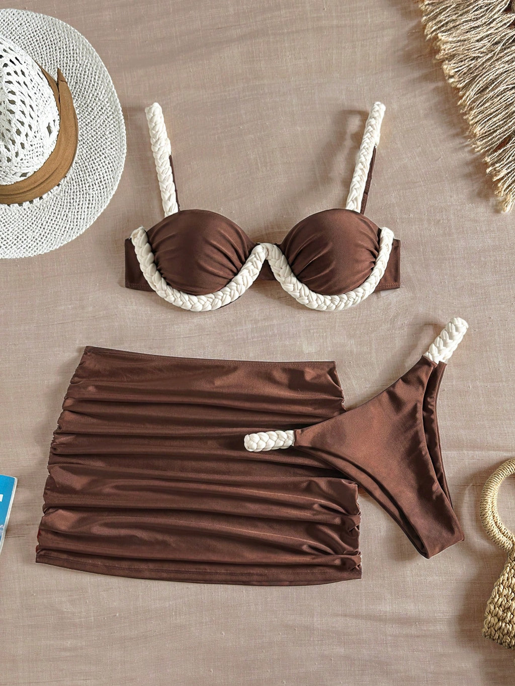 Bikinx 3pcs Elegant Bikini Set, With Woven Strap Back And Ruffle High