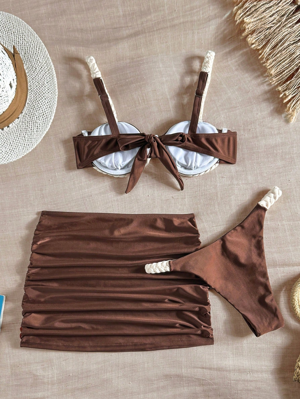 Bikinx 3pcs Elegant Bikini Set, With Woven Strap Back And Ruffle High