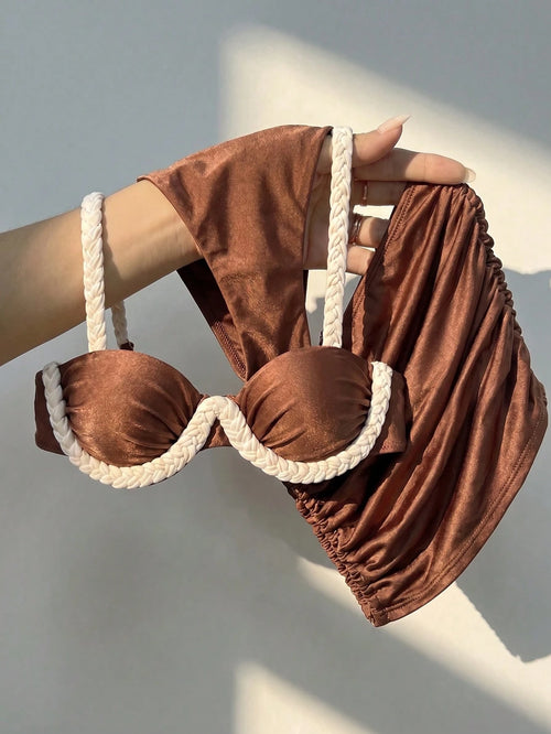 Bikinx 3pcs Elegant Bikini Set, With Woven Strap Back And Ruffle High Waist Skirt Design, Casual Swimwear
