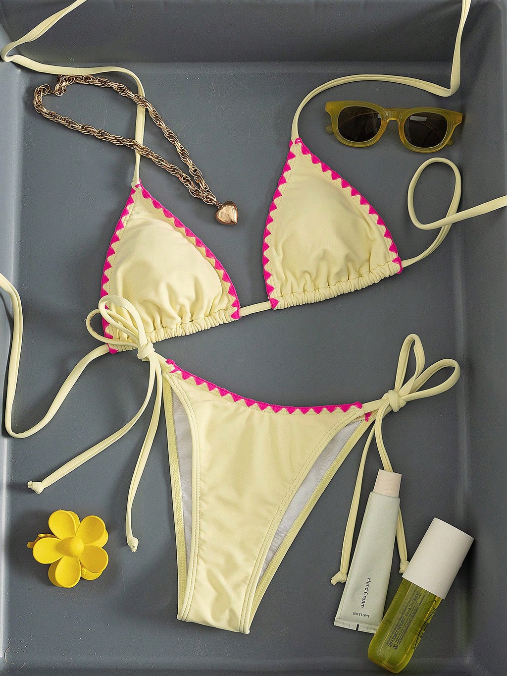 Women's Solid Color Reinforced Stitching Halter Tie Two Pieces