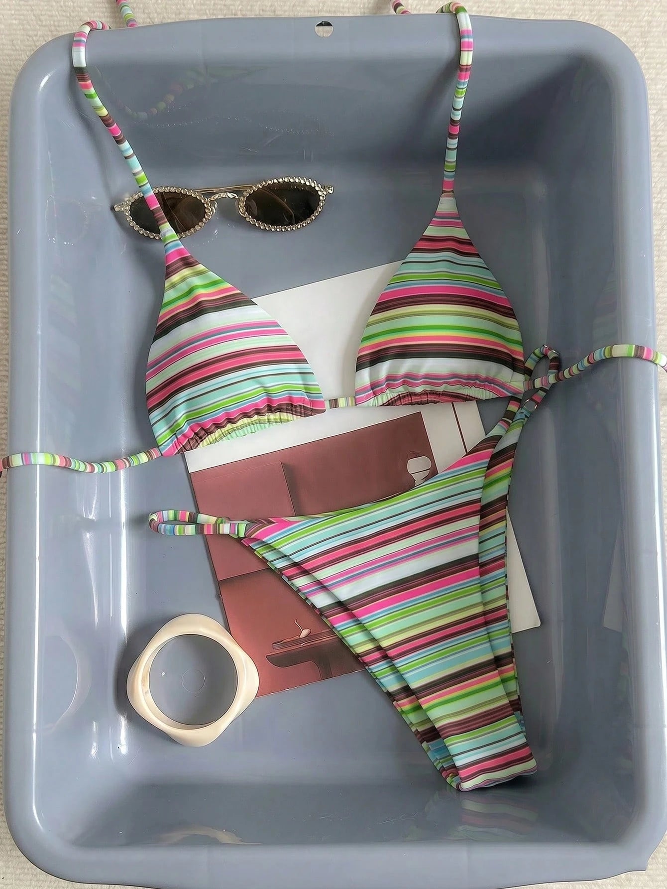 Women's Sexy Fashionable Colorful Striped Two Pieces Swimwear, Backless Tie-Up Bikini Set, Beach Resort - image 18