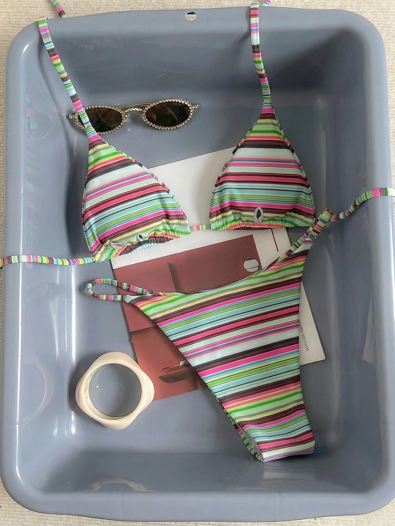 Women's Sexy Fashionable Colorful Striped Two Pieces Swimwear, Backless Tie-Up Bikini Set, Beach Resort - image 19