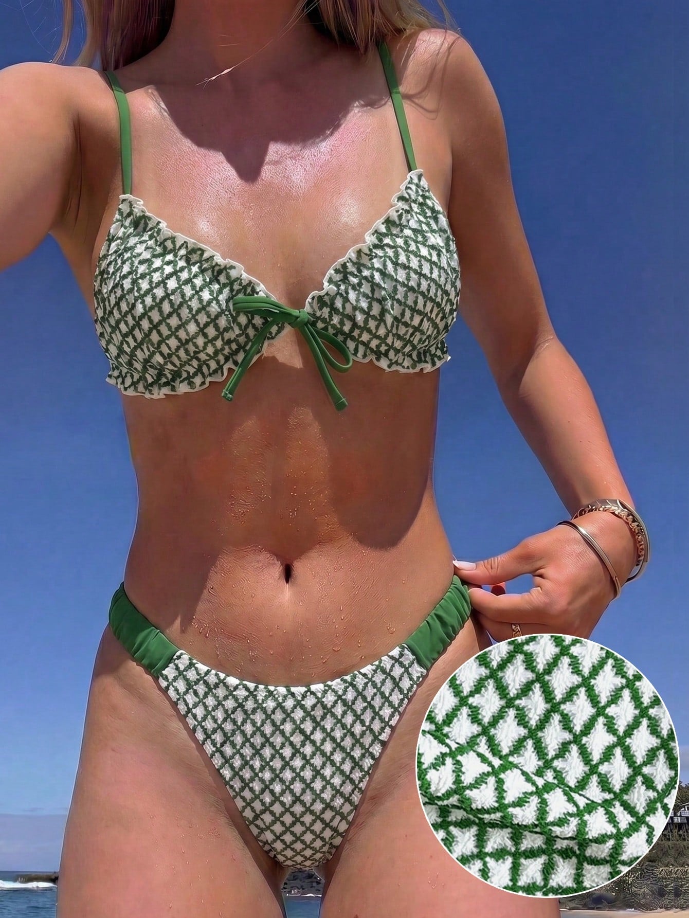 Swim Mod Embroidered Mesh Fabric Thin Frill Edge Pleated Front Tie