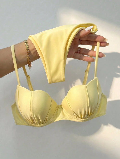 Bikinx Women's Solid Color Shell-Shaped Cup Bikini Set With Spaghetti Strap And Back Tie, Suitable For Beach