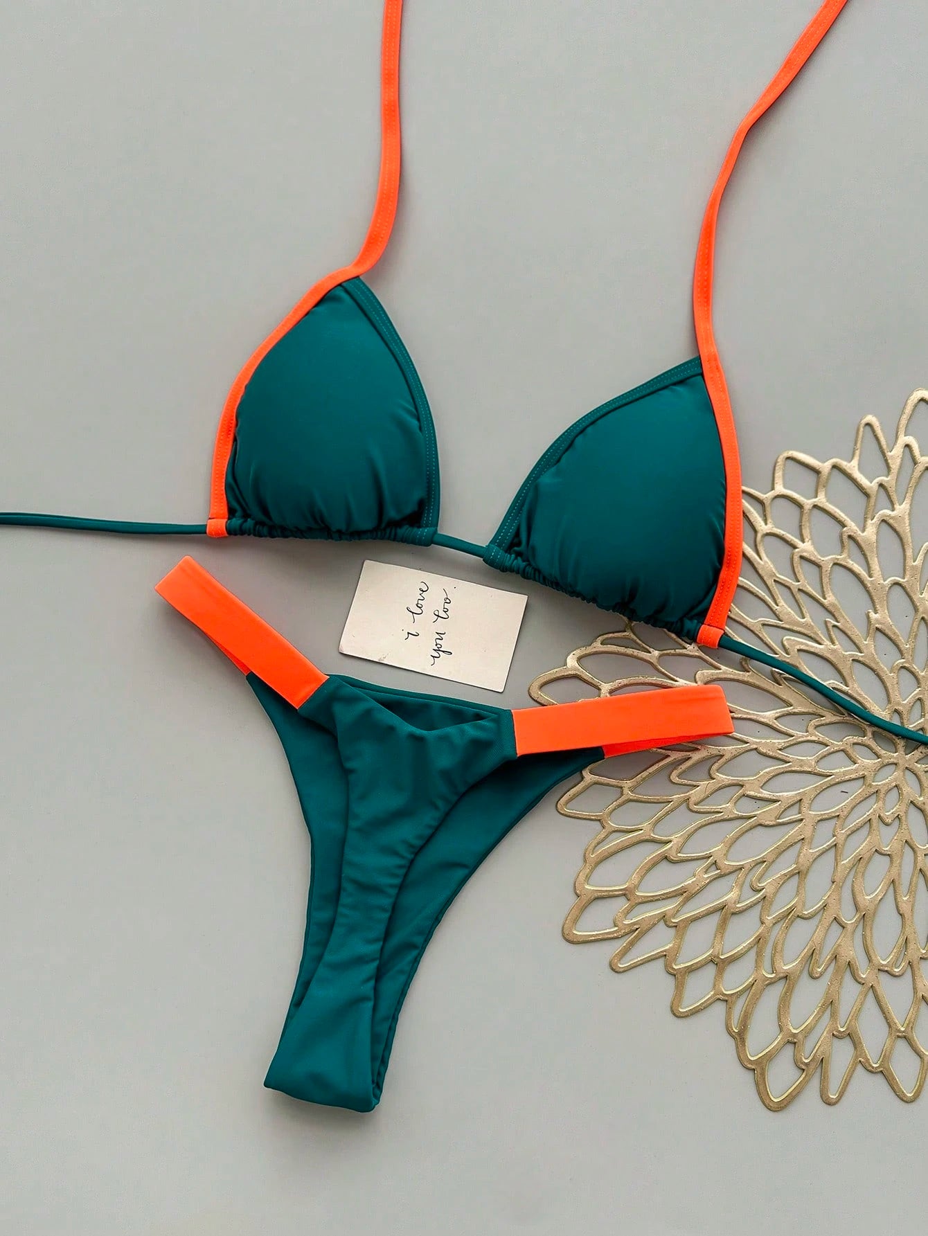 Contrast Color Tie-Neck Backless Bikini Set Vacation Beach Summer