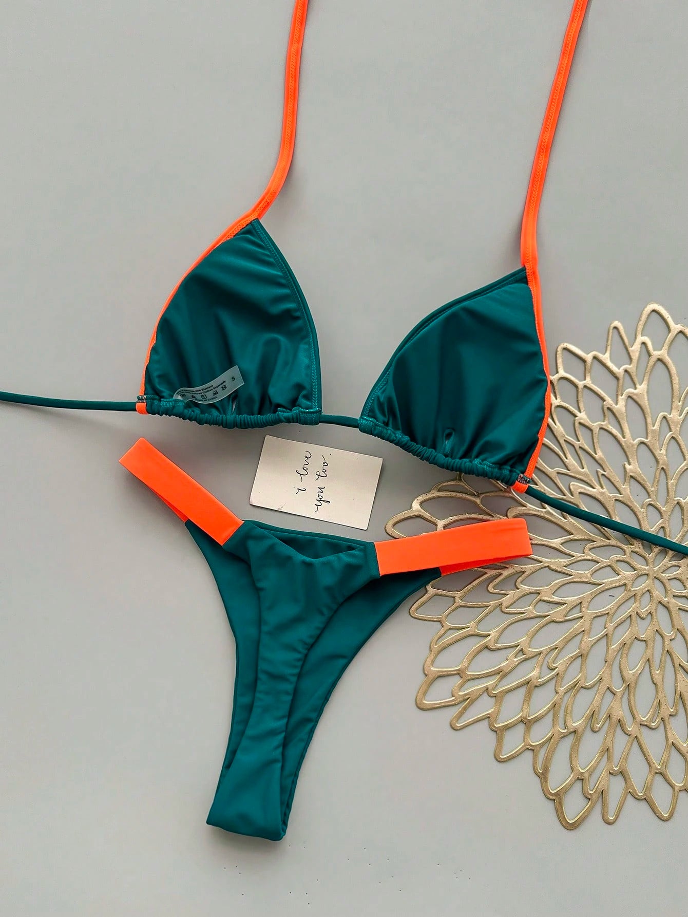 Contrast Color Tie-Neck Backless Bikini Set Vacation Beach Summer