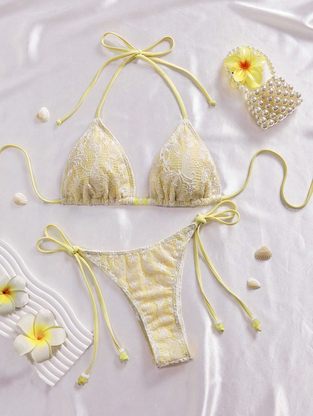 Women's Elegant Sweet Pink Lace Halter Tie Bikini Set, Beaded Detail, Perfect Fo